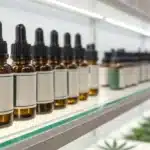 A glass dropper bottle filled with golden cannabis oil rests beside fresh green cannabis leaves on a light surface.