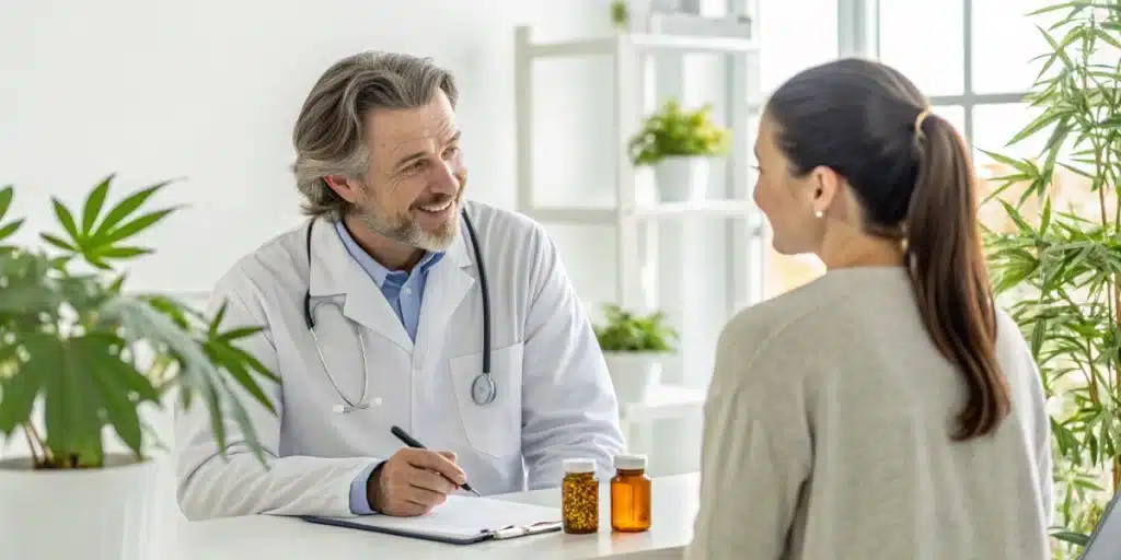 A smiling doctor in a white coat consulting with a female patient, with green plants in the background.