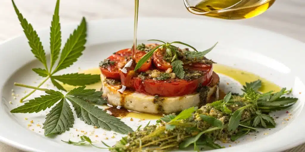Close-up of cannabis oil being poured over a fresh dish, illustrating its use in gourmet cooking.