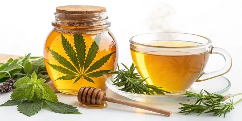 Glass jar of honey with a cannabis leaf design next to a steaming cup of herbal tea, illustrating the use of cannabis honey in beverages
