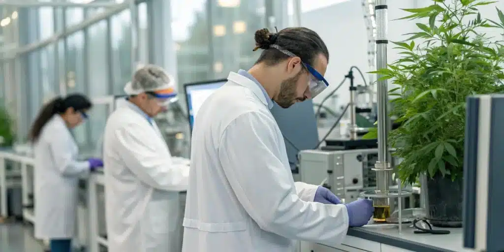 Rows of green cannabis plants growing outdoors on a sunny hillside with distant trees and mountains.