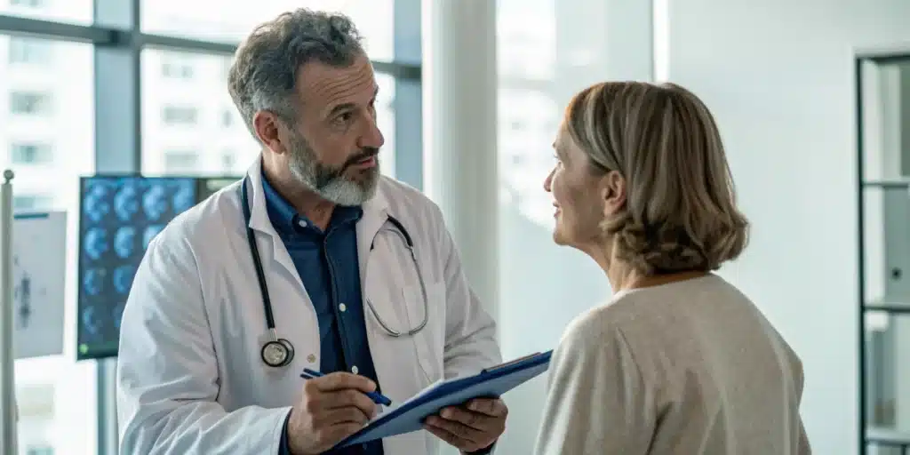 A male doctor in a white coat, with a stethoscope, talks to a female patient, holding a clipboard.