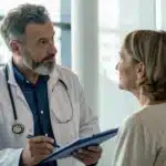 A male doctor in a white coat, with a stethoscope, talks to a female patient, holding a clipboard.