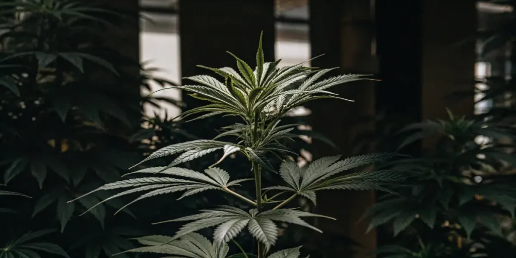 Indoor cannabis plant with broad leaves in a dark moody background, marijuana cultivation indoors