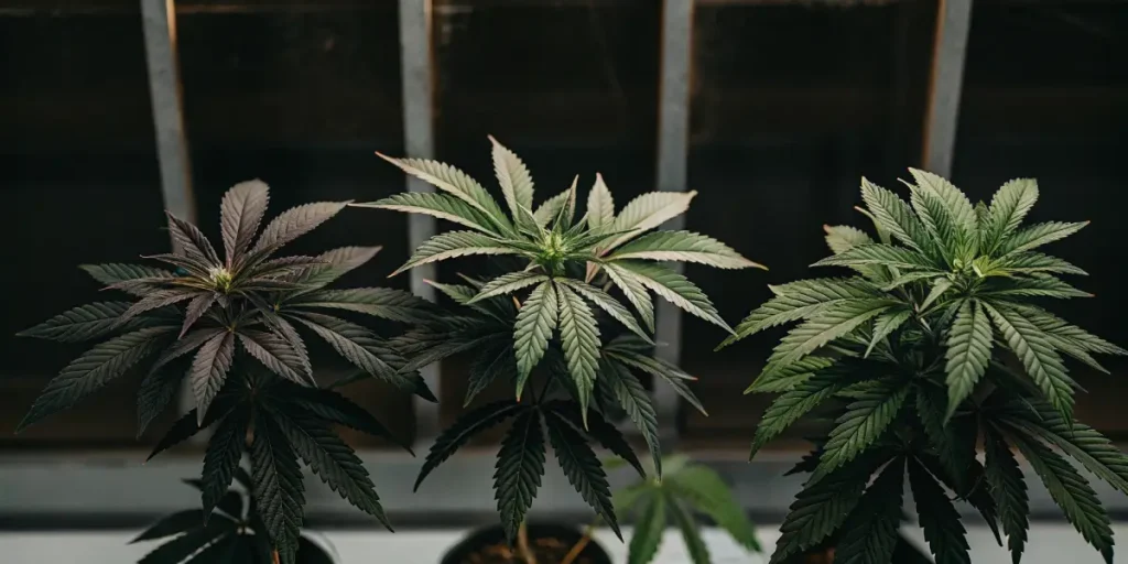 Three cannabis plants with distinct leaf colors ranging from dark purple to bright green, grown under controlled lighting.