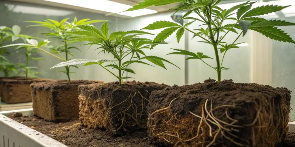 Cannabis plant with visible roots in coco and soil blocks in indoor grow room