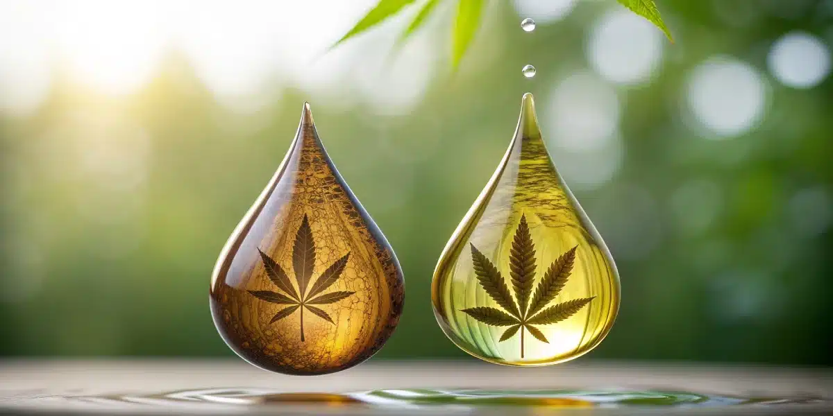 Large droplet with a cannabis sativa leaf emblem, highlighting the purity and extraction of cannabis seed oil.