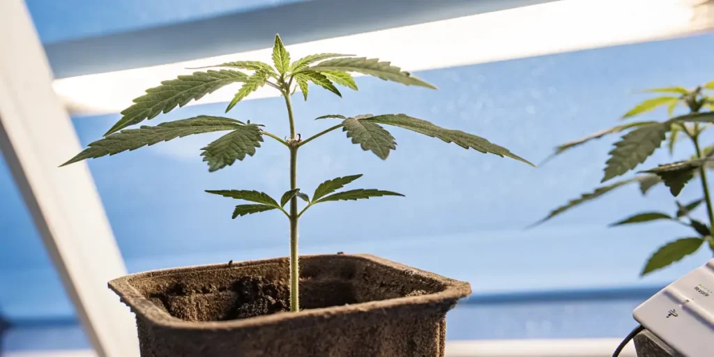 Cannabis seedling in a small pot under LED grow lights, with healthy green leaves and early node development.