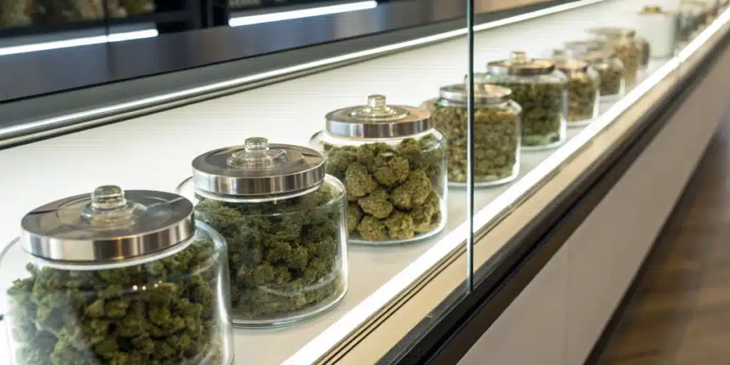 Display of premium cannabis strain for rheumatoid arthritis in a modern dispensary.