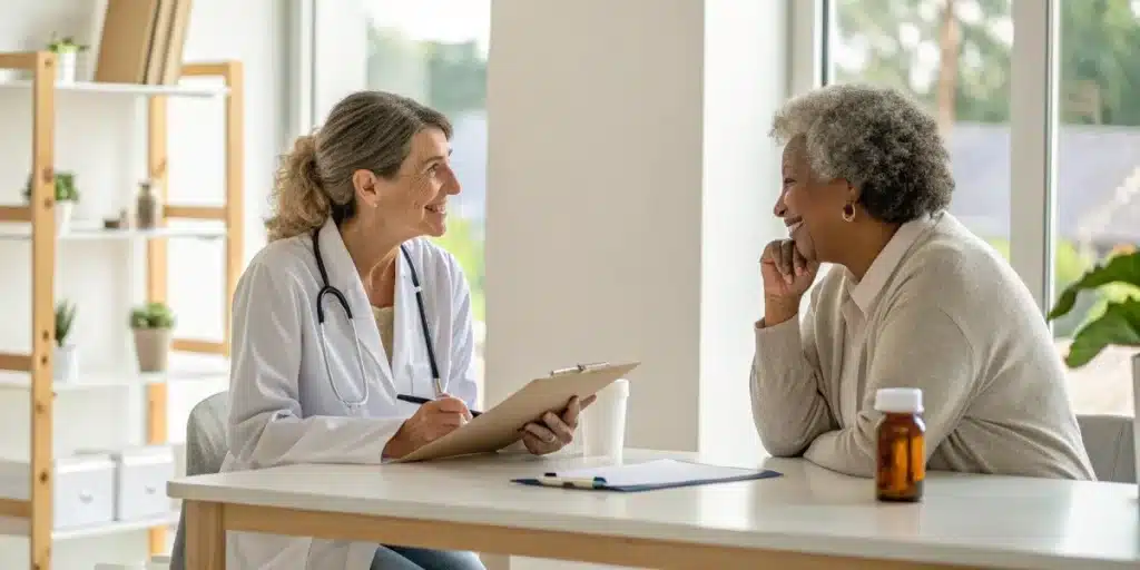 Healthcare provider explaining cannabis strain for rheumatoid arthritis treatment in a modern clinic.