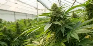 Close-up of a cannabis plant with vibrant trichomes symbolizing a strain for rheumatoid arthritis.