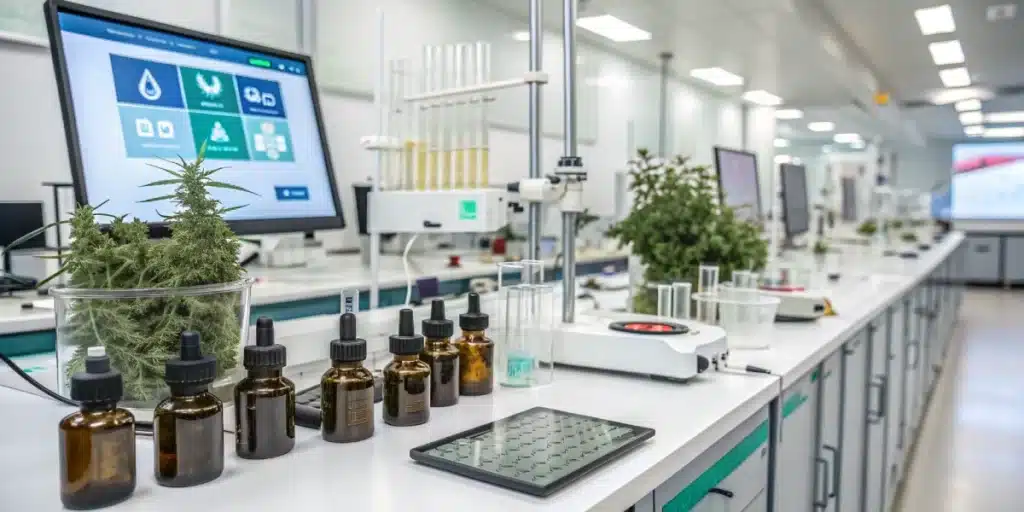 Modern lab setup with cannabis plants, glassware, digital monitors, and brown tincture bottles on a long white counter under bright ceiling lights