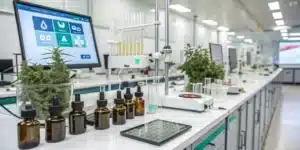 Modern lab setup with cannabis plants, glassware, digital monitors, and brown tincture bottles on a long white counter under bright ceiling lights