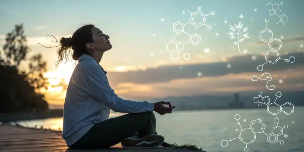 : Woman meditating near a lakeside sunset with floating chemical diagrams and a cannabis leaf, symbolizing terpene-induced relaxation and wellness.