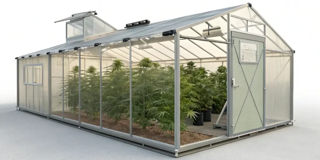 outdoor view of transparent cannabis greenhouse with healthy plants