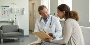 Doctor explaining cannabis treatment for ALS to a patient in a modern clinic.