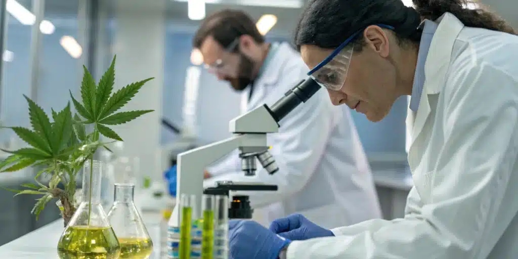 Scientists examining cannabis extracts in a lab, illustrating advancements in cannabis treatment for ALS.