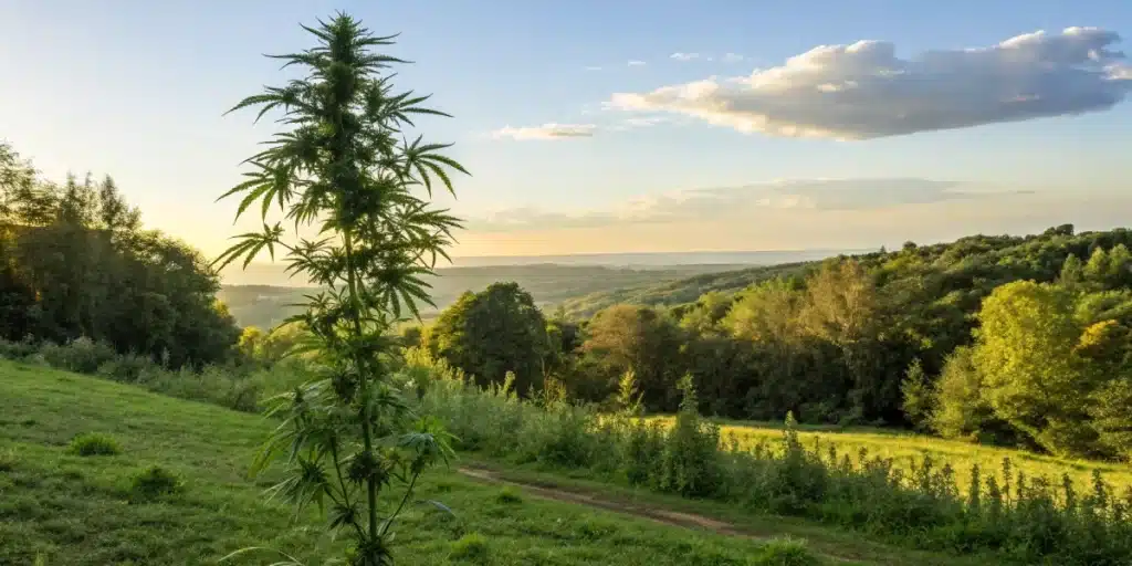 Lush cannabis plant in a tranquil outdoor setting representing cannabis treatment for ALS.