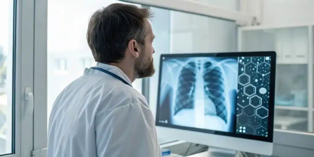 Physician reviewing a lung X-ray with cannabis molecule overlays, representing the potential of cannabis treatment for COPD.