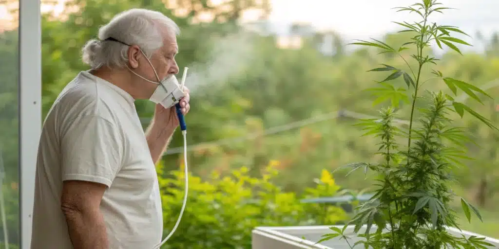 COPD patient using a portable oxygen device near a cannabis plant, illustrating natural support for breathing.