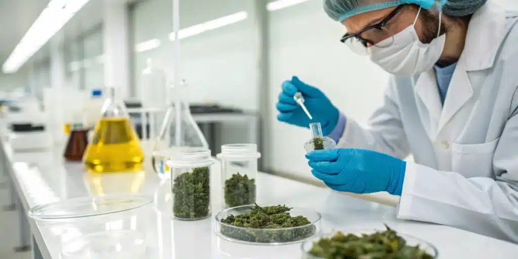 Lab technician working with cannabis extracts in a modern laboratory, contributing to research on cannabis treatment for COPD.