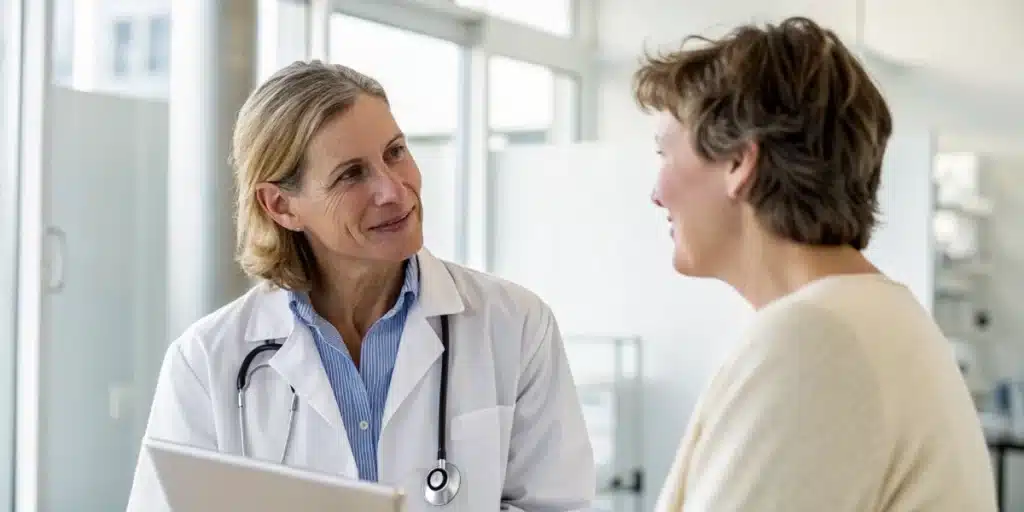 Doctor and patient discussing cannabis treatment for COVID in a modern, well-lit consultation room.