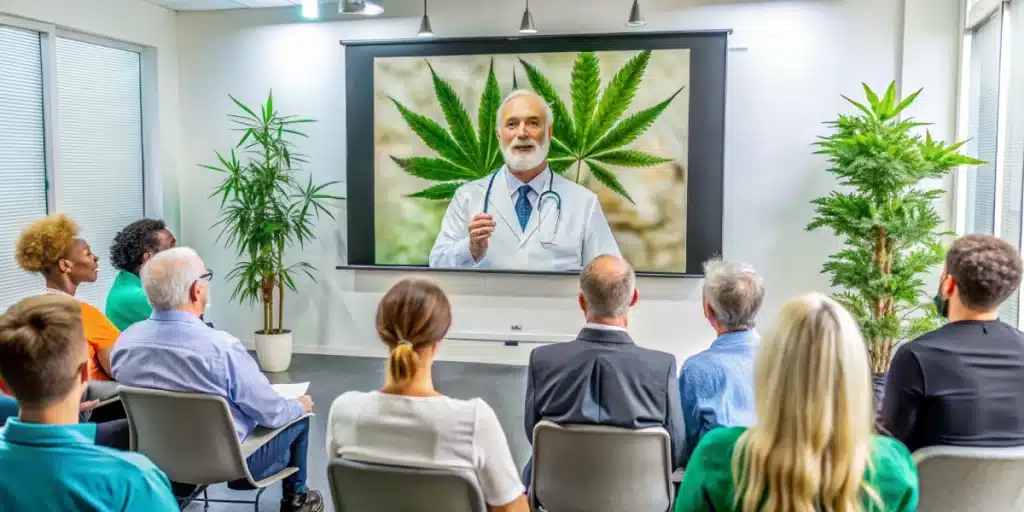 Community health seminar on cannabis treatment for COVID with a specialist presenting to an attentive, diverse audience in a modern meeting space.