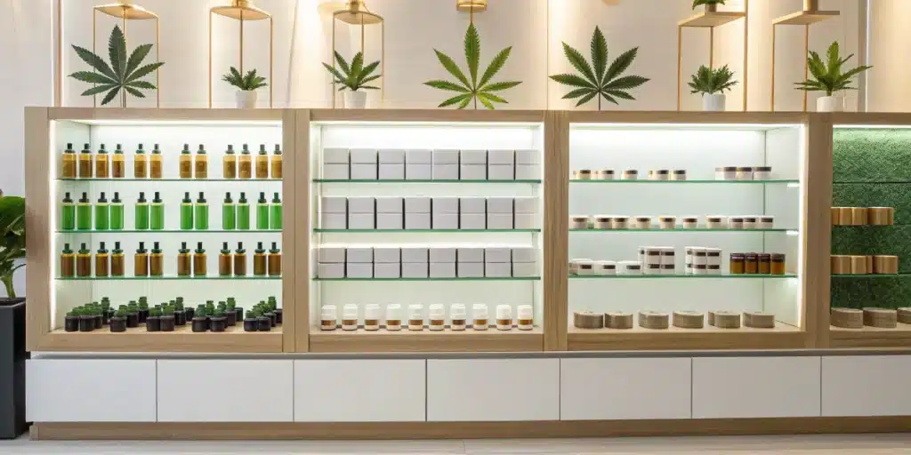 Modern dispensary display with cannabis products for fibromyalgia treatment, symbolizing natural pain relief.