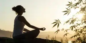 Person meditating outdoors with cannabis leaves, representing natural relief for fibromyalgia.