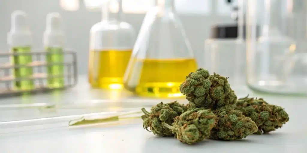 Close-up of premium cannabis buds in a lab setting for fibromyalgia treatment.