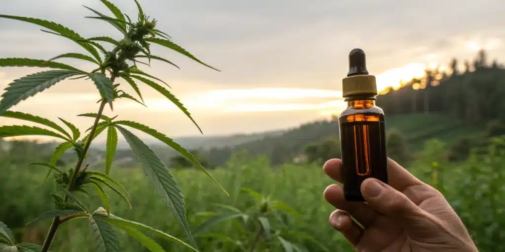 Close-up of a premium cannabis oil bottle for lupus treatment, held against a soft, natural background.