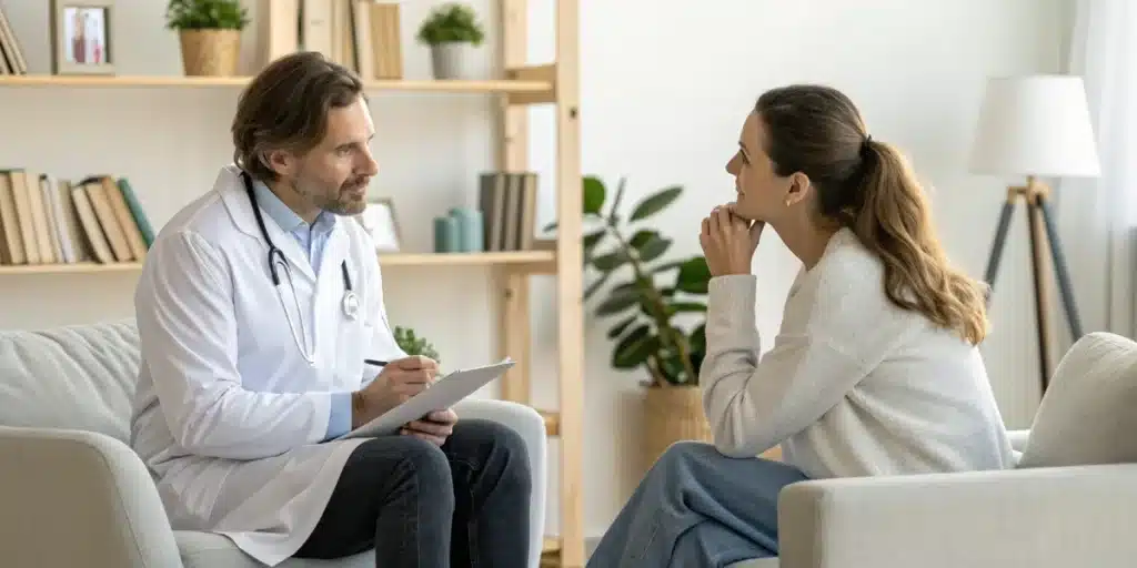 Doctor discussing cannabis treatment for lupus with a patient in a modern, serene consultation room.
