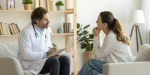Doctor discussing cannabis treatment for lupus with a patient in a modern, serene consultation room.