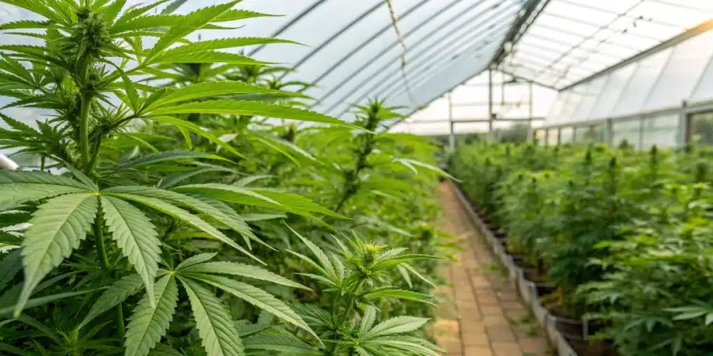 Lush cannabis plants in a sustainable greenhouse symbolizing natural cannabis treatment for lupus.