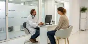 Doctor and patient in a modern clinic discussing cannabis treatment for alcoholism.