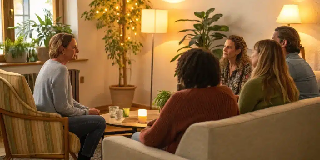 Support group meeting in a serene environment illustrating cannabis treatment for alcoholism in recovery support.