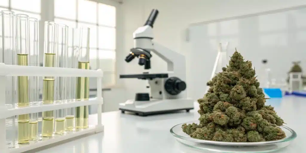 Close-up of cannabis buds and lab equipment representing research on cannabis treatment for alcoholism.