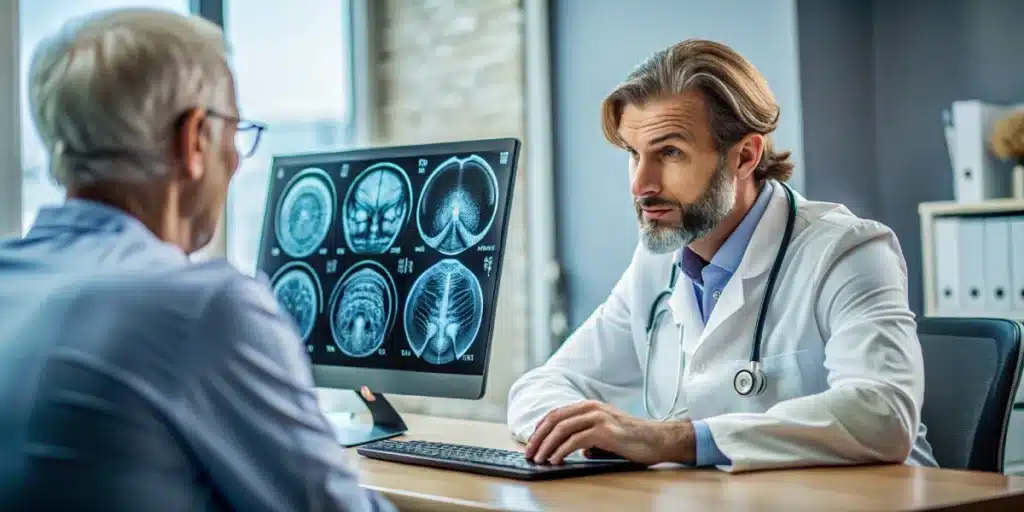 Doctor in white coat and stethoscope discussing brain scans with a patient on a monitor.