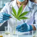 Scientist in lab coat and gloves applying liquid to a cannabis leaf with a dropper in a sterile laboratory setting, with cannabis plants and glassware.