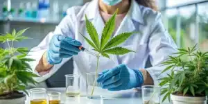 Scientist in lab coat and gloves applying liquid to a cannabis leaf with a dropper in a sterile laboratory setting, with cannabis plants and glassware.