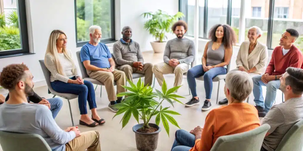 Diverse group of adults sitting in a circle with a cannabis plant in the center, engaged in a discussion, suggesting a support group meeting for medical cannabis.