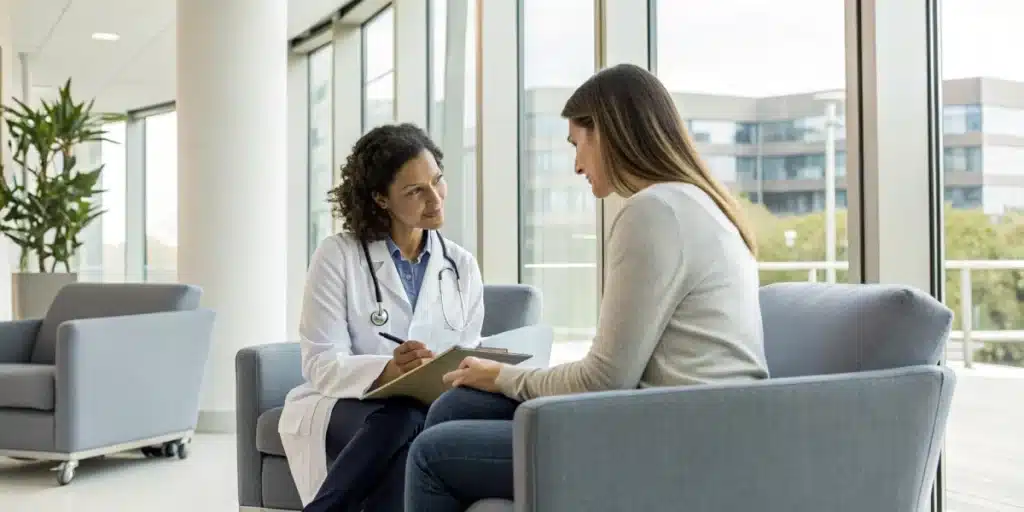 Healthcare professional explaining cannabis treatment for diabetes to a patient in a modern clinic, emphasizing natural care and support.
