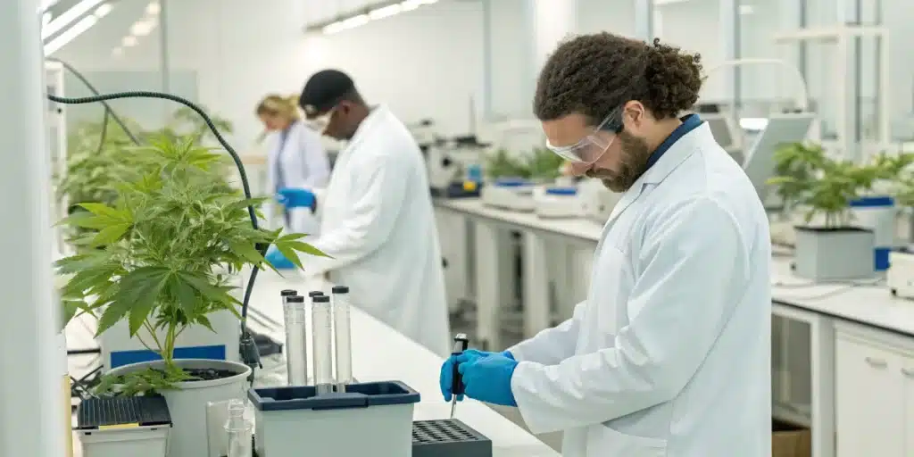 Scientists in a lab examining cannabis extracts for diabetes treatment, showcasing scientific research and precision.
