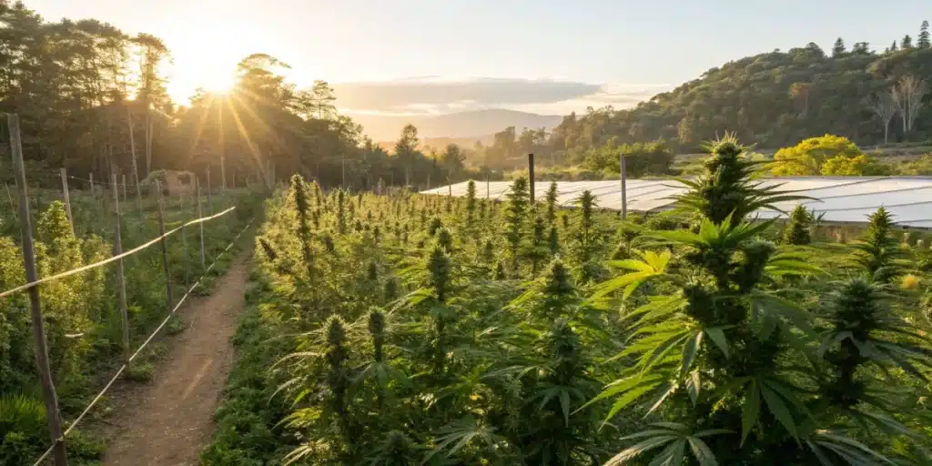 Sunlit cannabis farm with healthy plants, symbolizing natural support in cannabis treatment for diabetes.