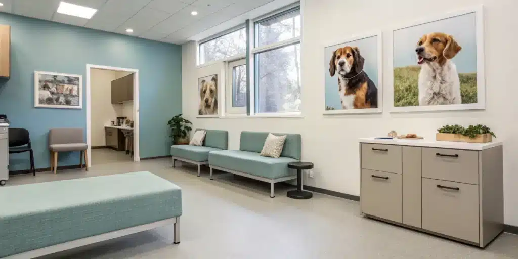 Veterinary consultation room with displays on alternative anxiety treatments, advising against cannabis treatment for dog cancer.