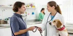 Veterinarian advising pet owner on safe anxiety treatments, underscoring that cannabis treatment for dog cancer is not recommended.