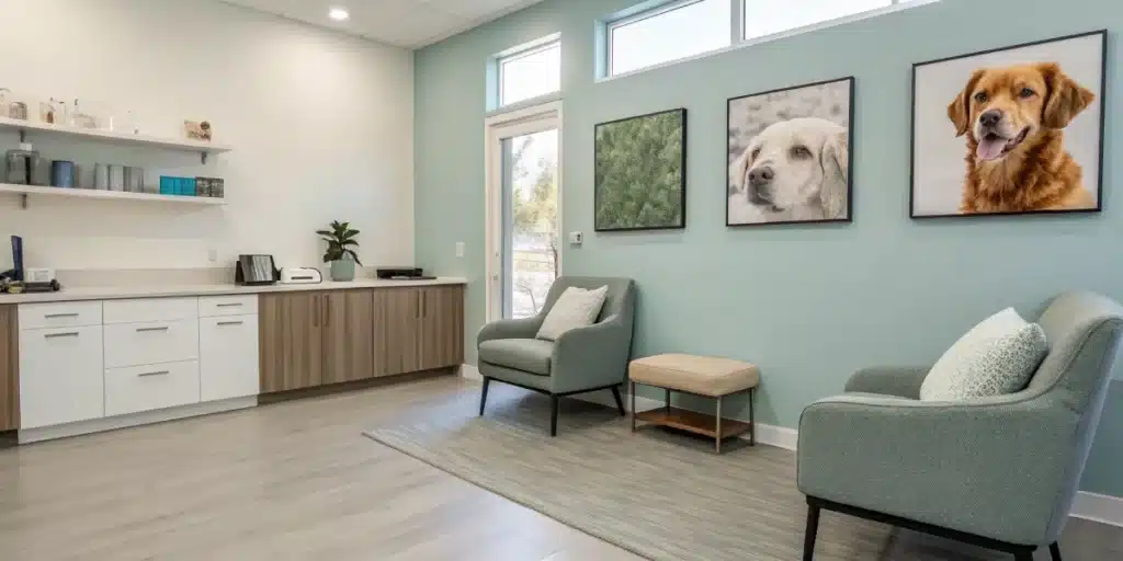 Veterinary consultation room with displays on alternative anxiety treatments, advising against cannabis for dogs with anxiety.