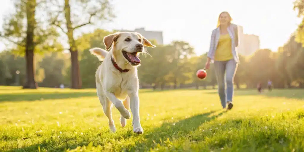Happy dog playing outdoors, representing safe anxiety management without cannabis for dogs with anxiety.