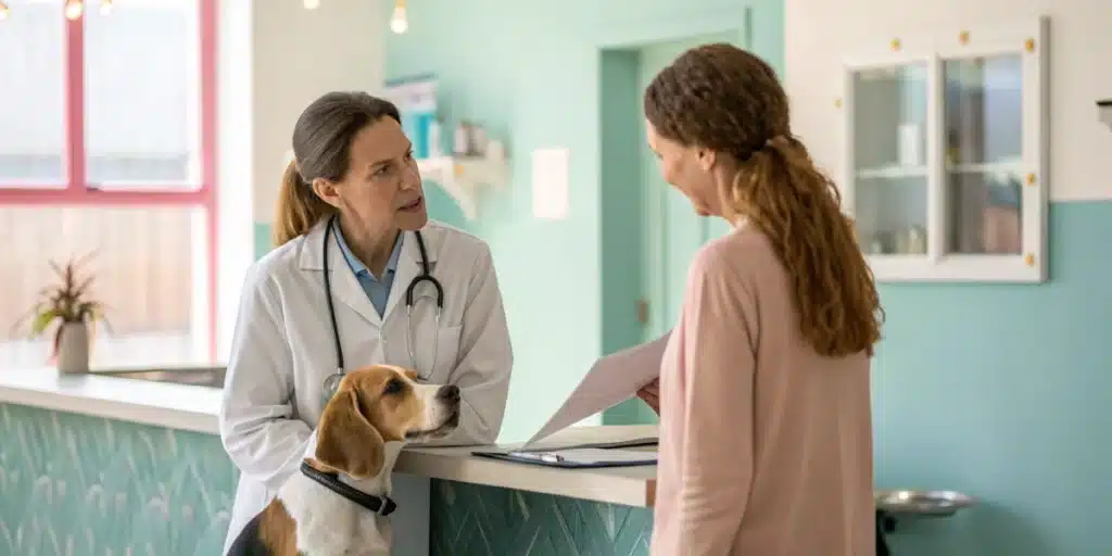 Veterinarian advising pet owner on safe anxiety treatments, underscoring that cannabis for dogs with anxiety is not recommended.