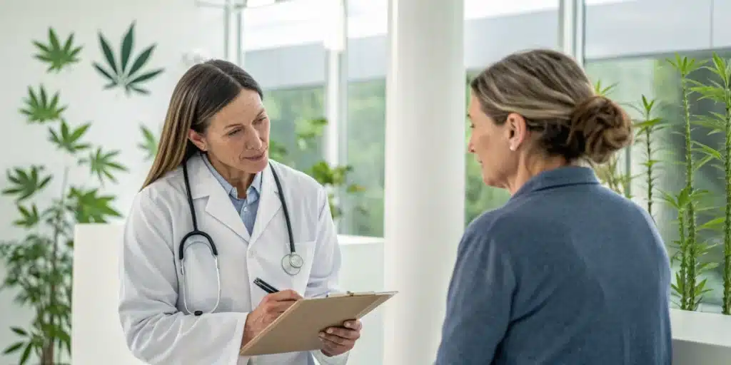 Doctor and patient consulting about cannabis treatment for rheumatoid arthritis in a modern clinic.